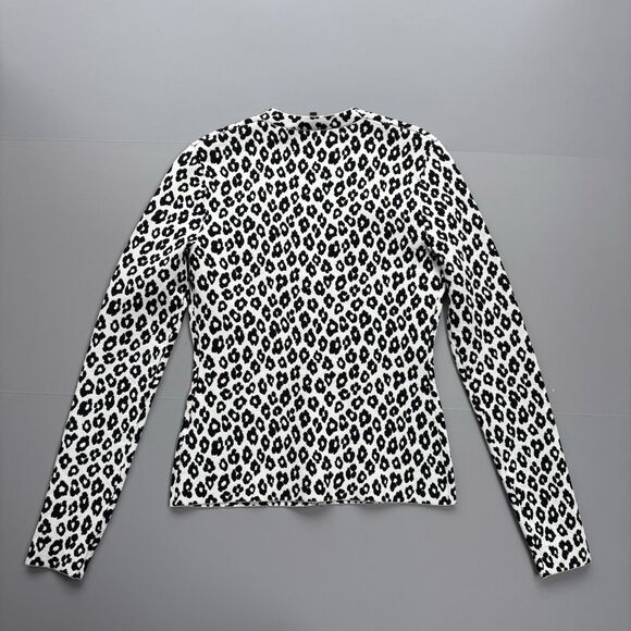 Theory Women Small Jacquard Leopard Print V-Neck Cardigan  Black White Stretchy - Picture 5 of 12